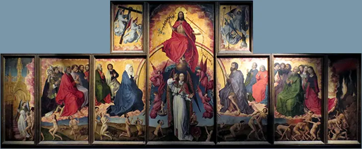 Tableau représentant le jugement dernier ou la couleur de la robe des apôtres correspond à la pierre précieuse qui leur est attribuée